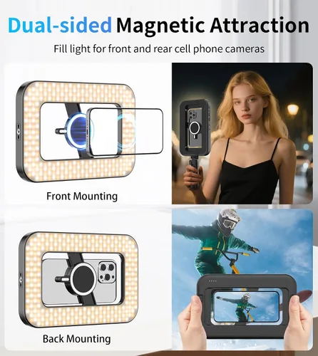 Vista 11 de Anillo de luz selfie magnético de 6000mAh RGB para iPhone, luz de teléfono recargable de 448 LED con soporte de trípode mini, estabilizador de mano