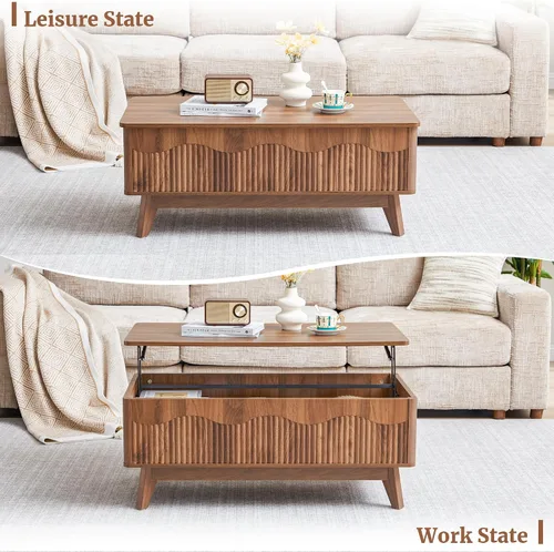 Vista 7 de BERRYMERRY Mesa de centro elevable con almacenamiento oculto, mesa de centro acanalada de granja con perfil ondulado, mesa central rectangular