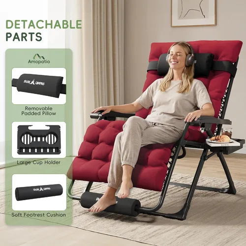 Vista 4 de Silla de gravedad cero de gran tamaño, plegable, reclinable, acolchada Rojo Extragrande