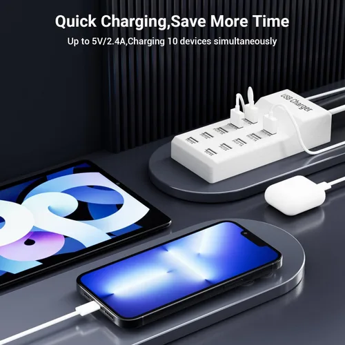 Vista 6 de Concentrador USB de 10 puertos, 50W10A concentrador de puerto USB múltiple para iPhone/iPad/Samsung Galaxy Note Tablet Android Smartphone (blanco)