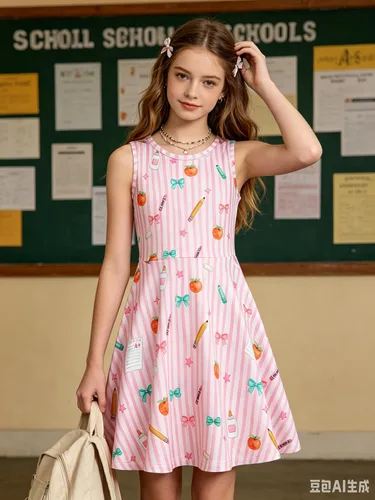 Vista 6 de BFUSTYLE - Vestido de verano sin mangas con estampado floral para niñas de 4 a 15 años Regreso a la escuela 01