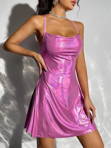 Vista 4 de Floerns Vestido camisero acampanado sin mangas con drapeado metálico para mujer