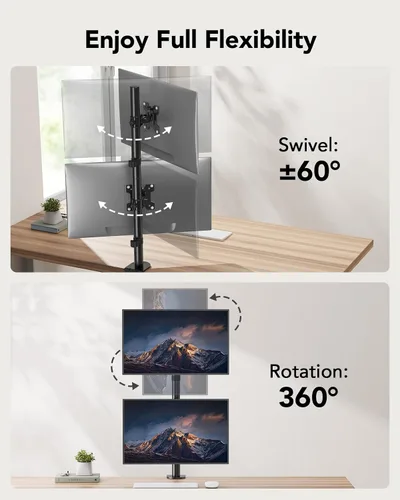 Vista 4 de HUANUO Soporte vertical para monitor doble, soporte de monitor apilado para 2 monitores con ajuste de altura, brazo de monitor de computadora