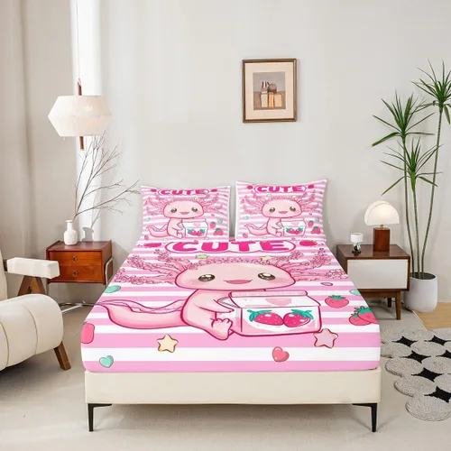 Vista 4 de Lindo Axolotl - Sábana bajera ajustable para niños, tamaño individual, juego de ropa de cama de animales marinos de dibujos animados, decoración