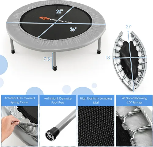 Vista 7 de Goplus Mini trampolín plegable, 36 pulgadas/38 pulgadas, rebotador de fitness plegable para adultos, trampolín de ejercicio portátil