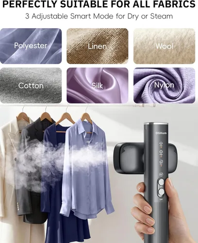Vista 4 de OGHom Vaporizador para ropa, vaporizador de viaje de 110-240 V y plancha 2 en 1, potente vapor de 1000 W, removedor de arrugas de prendas portátil