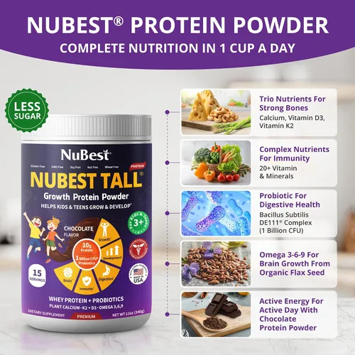 Vista 3 de NuBest Alto polvo de proteína para niños y adolescentes - Proteína de suero en polvo - Batido de proteína de chocolate en polvo con probióticos