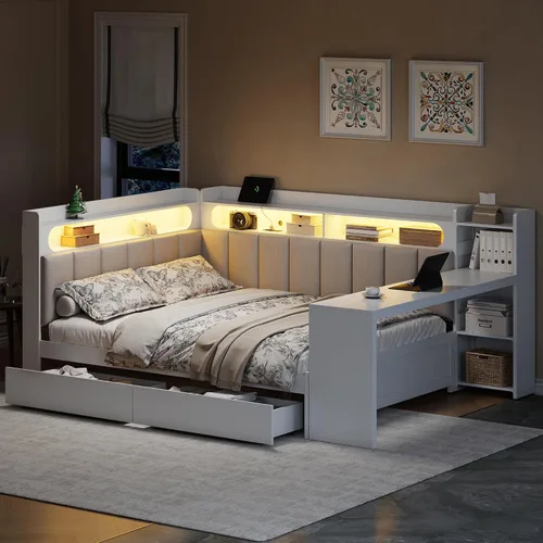Vista 34 de VilroCaz Cama de sofá de tamaño individual de madera con estantes de almacenamiento y escritorio de estudio, estructura de cama de día Blanco