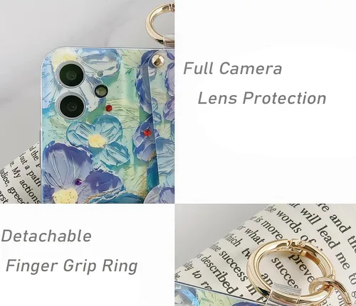 Vista 5 de Funda compatible con iPhone 11, bonito soporte para correa, margarita floral Soporte de muñequera, diseño estético suave, asa de dedo ajustable