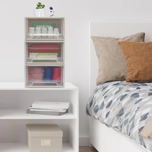 Vista 6 de Gloreen Cajones de almacenamiento apilables de plástico de 12 L, 3 paquetes de caja de cajón compacta de escritorio Beige