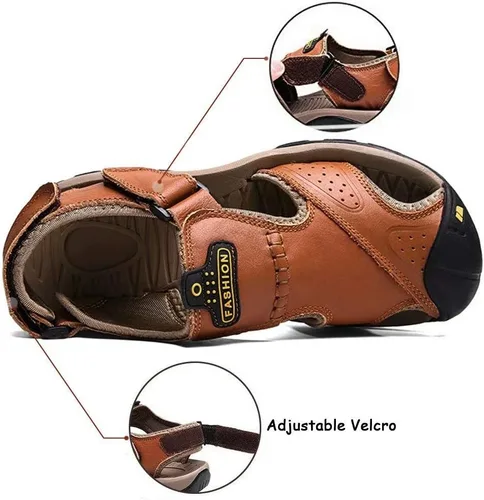 Vista 3 de VISIONREAST Sandalias de cuero para hombre, sandalias de senderismo al aire libre, impermeables, atléticas, deportivas, para pescador, zapatos