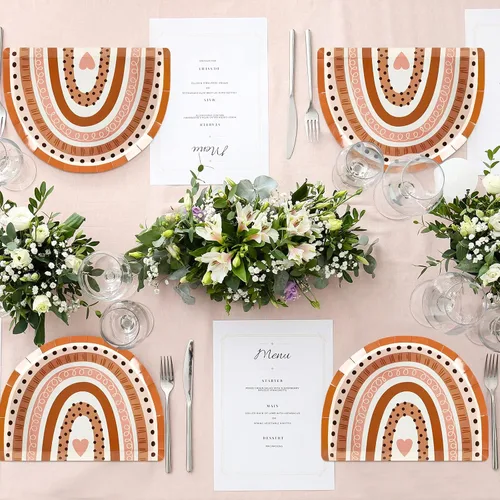 Vista 7 de AnyDesign Platos de papel boho arco iris, platos de postre desechables retro hippie para suministros de fiesta de cumpleaños, decoración de mesa