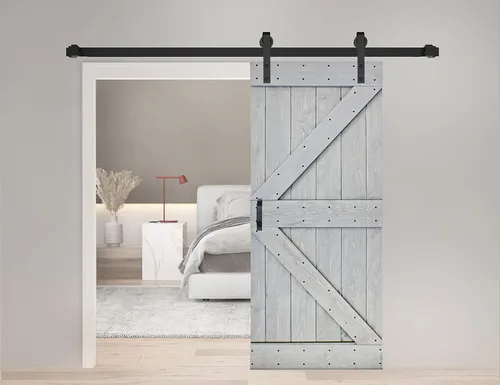 Vista 6 de Serie K. Puerta corredera de granero de madera maciza acabada con kit de herrajes (marrón/nogal, 24 x 84 pulgadas)