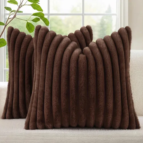 Vista 40 de decorUhome Fundas de almohada de piel sintética, juego de 2, decorativas, afelpadas, suaves, afelpadas, a rayas, parte posterior de terciopelo