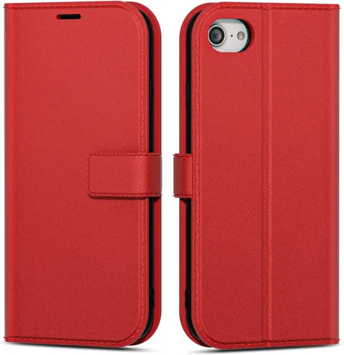 Vista 111 de oakxco Funda tipo cartera para iPhone SE 2022/2020/8/7 con soporte para tarjeta de crédito, funda magnética RFID delgada tipo libro con tapa