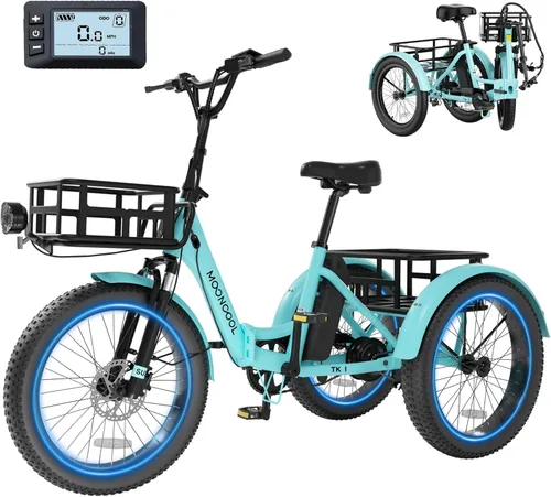 Vista 17 de MOONCOOL Triciclo eléctrico para adultos, 500 W/750 W 48 V, triciclo eléctrico plegable de potencia máxima 1100 W, neumático grueso de 20 x 3.0