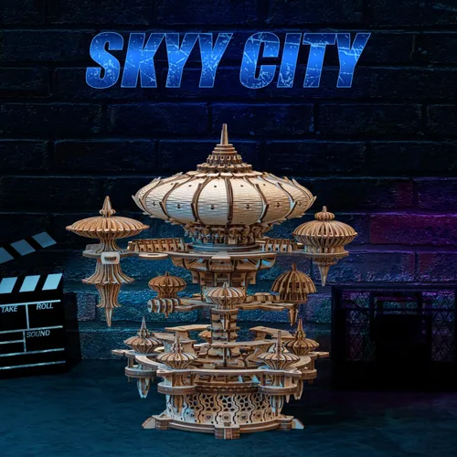 Vista 7 de Rompecabezas de madera 3D para adultos, kit de modelo de caja de música SkyCity, más de 600 piezas, diseño de paisaje urbano, desafiante artesanía