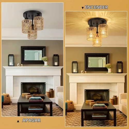 Vista 5 de Lámparas de Techo Bohemias de 3 Luces Montaje en Techo, Candelabro de Ratán Estilo Granja, Pantalla de Jaula Tejida a Mano Montaje Semi Empotrado