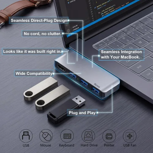 Vista 7 de Adaptador multipuerto HDMI USB C Hub 4K con 3 puertos USB 3.0 para MacBook