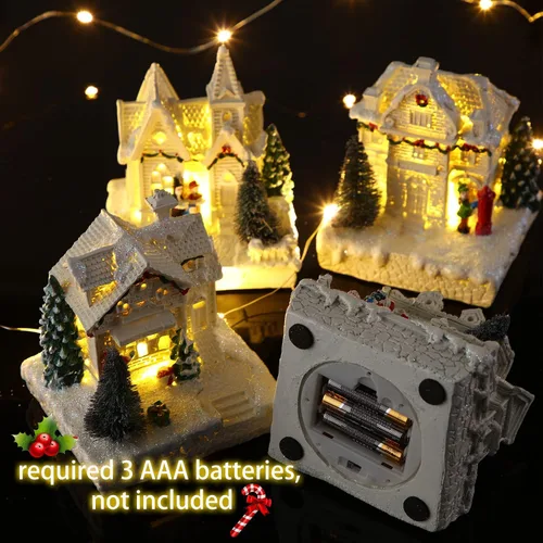 Vista 3 de Tuanse Juego de 15 piezas de accesorios de pueblo de Navidad, 4 casas de pueblo iluminadas con LED, 10 árboles esmerilados de 3.5 onzas, nieve falsa