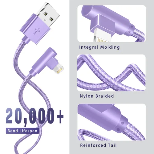 Vista 2 de Cargador para iPhone, paquete de 3 cables Lightning de 6 pies [certificado Apple MFi] Cable de carga rápida para iPhone de 90 grados, cable trenzado