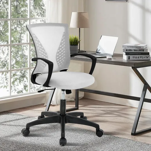 Vista 5 de Silla de oficina de malla con ruedas, silla de escritorio ergonómica de respaldo medio con brazos y soporte lumbar, cómoda silla de computadora