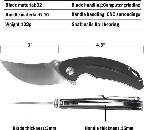Vista 3 de RPG Talon - Cuchillo de bolsillo plegable, punto de arrastre de 3.2 pulgadas, hoja de acero D2, mango G10 y clip de bolsillo, cuchillos