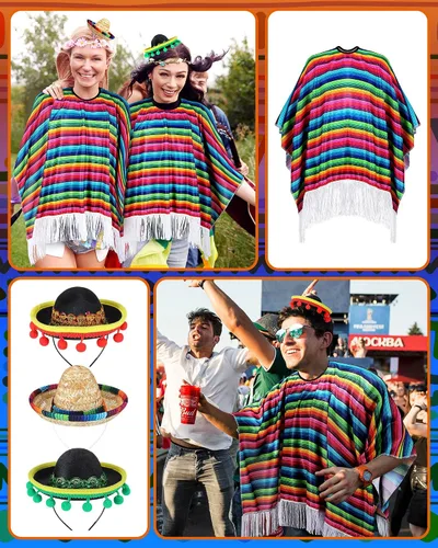 Vista 5 de Juego de 12 piezas de poncho y sombrero mexicanos del Cinco de Mayo para adultos, poncho de serape para fiesta mexicana con sombrero de paja