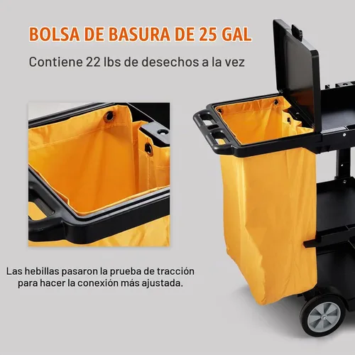 Vista 4 de VEVOR Carrito de limpieza, carrito de limpieza comercial de 3 estantes, carrito de plástico de limpieza de 200 libras de capacidad, con bolsa de PVC
