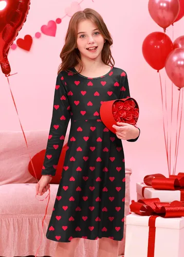 Vista 4 de BesserBay Vestido midi de manga larga con estampado de corazón para el día de San Valentín para niña, 4-14 años