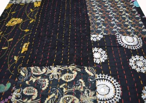 Vista 2 de Colcha Kantha de algodón Queen Khambadiya hecha a mano Kantha, colcha para cama, color negro, 90 x 108 pulgadas