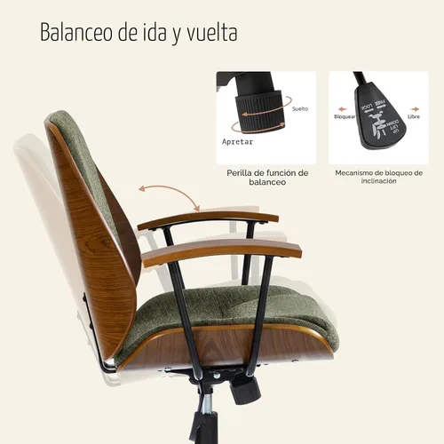 Vista 3 de HULALA HOME Silla de oficina de madera maciza con función de balanceo, silla de escritorio cómoda de tela con base de madera curvada y metal, silla