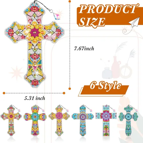 Vista 3 de Ireer 6 marcapáginas de arte de diamantes 5D cruzados para adultos, kit de pintura de bricolaje, regalos de Navidad, cristianos religiosos, llavero