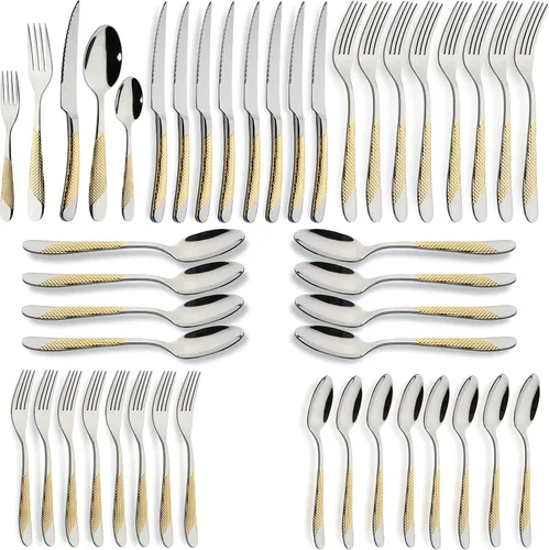 Vista 7 de Juego de cubiertos dorados de acero inoxidable de 60 piezas, juego de cubiertos de cocina, juego de utensilos de mesa para la cocina, incluye