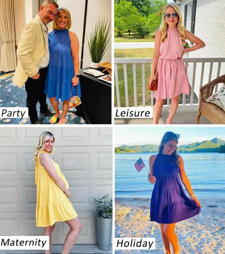 Vista 6 de Okiwam - Vestido de verano para mujer sin mangas y con cuello halter, vestido estilo bohemio vaporoso y plisado, minivestido de cóctel holgado