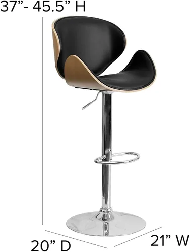Vista 3 de Taburete de bar Flash Furniture de madera de haya con altura ajustable y asiento y respaldo de vinilo negro curvado, Espuma Madera Vinilo, Hayedo