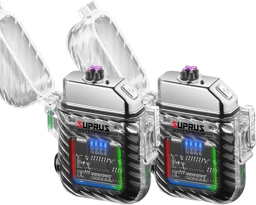 Vista 11 de SUPRUS Luminoso 3 modos de linterna resistente al viento, impermeable, encendedor eléctrico recargable de plasma de doble arco con silbato de Negro