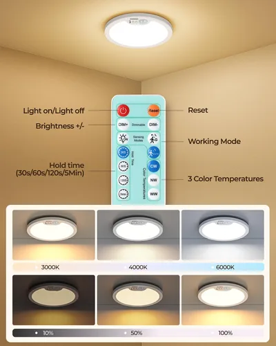 Vista 7 de BLNAN Lámpara de techo recargable con sensor de movimiento con control remoto, luz de armario regulable, luces de ducha LED, luz de techo