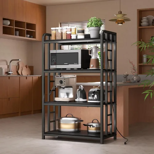 Vista 3 de Estante ajustable para panaderos con toma de corriente, soporte para horno de microondas de 4 niveles, estante de almacenamiento de cocina