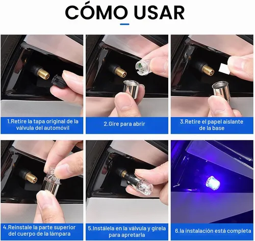 Vista 3 de 4 PCS Luces LED para Tapas de Vástago de Válvula de Neumático, Flash Giratorio con Visibilidad de 360 Grados, Luces de Rueda Impermeables para Azul