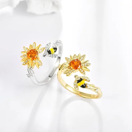 Vista 2 de Dreamboat Sterling Silver Sunflower Rings for Women Gold Ring Adjustable Spinner Ladybug Bee Flower Rings Flower Rings Cute Jewelry Gifts