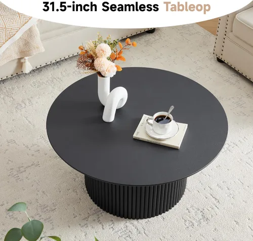 Vista 5 de Mesa de café redonda de 31.5", Mesa de centro moderna con acento acanalado y marco de metal, mesas de café de madera redondas para sala de estar