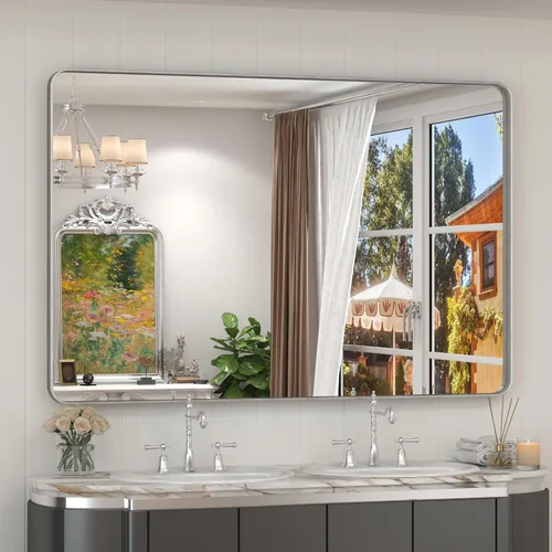 Vista 18 de Espejo rectangular para pared de baño de 20x30 pulgadas con marco negro mate, espejo de tocador con esquinas redondeadas, espejo de baño de metal