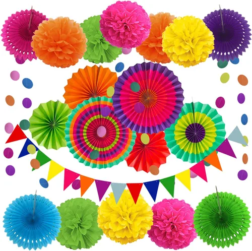 Vista 13 de Zerodeco - Decoración de fiesta, 21 piezas de abanicos de papel, pompones flores, tiras de cuerdas de lunares y banderines triangulares