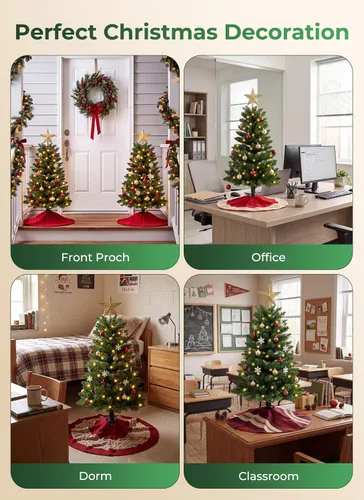 Vista 7 de Árbol de Navidad artificial pequeño de 3 pies, mini árbol de mesa Pequeño árbol de Navidad con luces, funciona con pilas, base estable, decoración