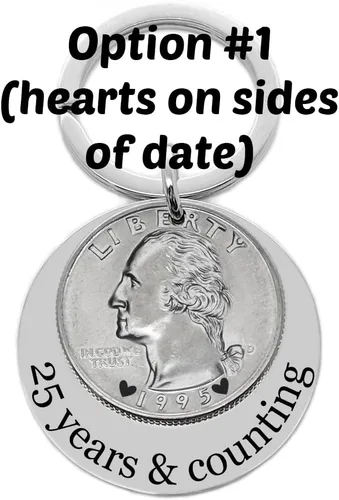 Vista 2 de 25th anniversary gift, 2000, 1999, 1998 1997 1996 1995 silver quarter key chain, 25 years and counting. 1994