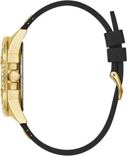 Vista 3 de Reloj Guess de acero inoxidable con tono dorado, esfera incrustada de cristal con silicona resistente a manchas negras