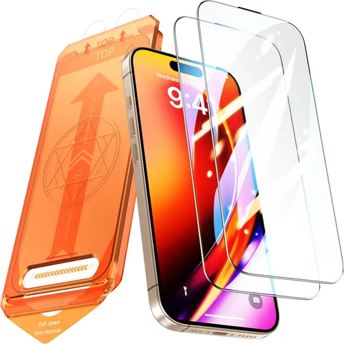 Vista 15 de Paquete de 2 protectores de pantalla para iPhone 15 Pro, dureza 9H, protector de pantalla de vidrio templado con kit de alineación automática
