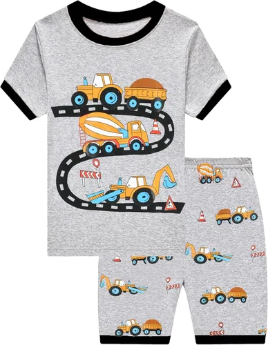Vista 3 de Little Hand Pijamas de dinosaurio para niños pequeños, pijamas de verano con diseño de camión y excavadora, conjuntos cortos de 2 a 7 años