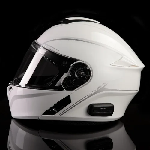 Vista 3 de Sena Outrush R - Casco modular de motocicleta Bluetooth con sistema de intercomunicación (blanco brillante, pequeño)